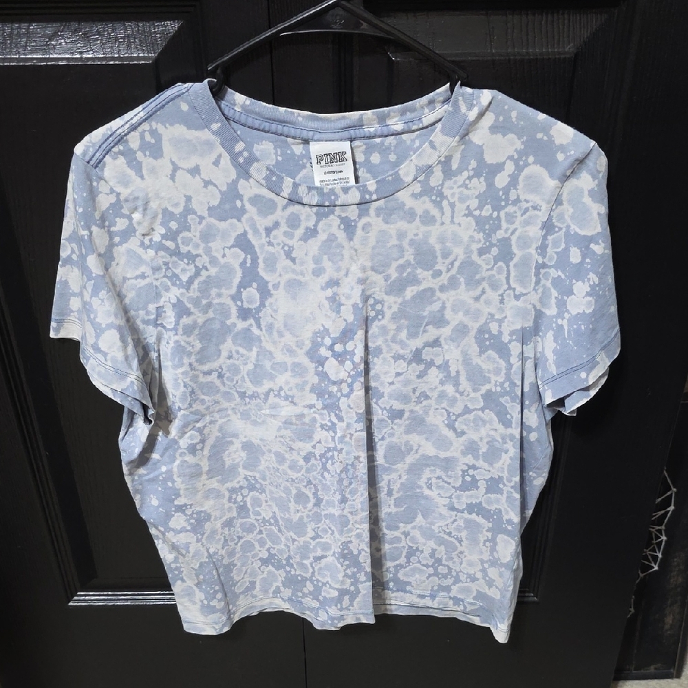 PINK Victoria's Secret Blue and White Short Sleeve Tee